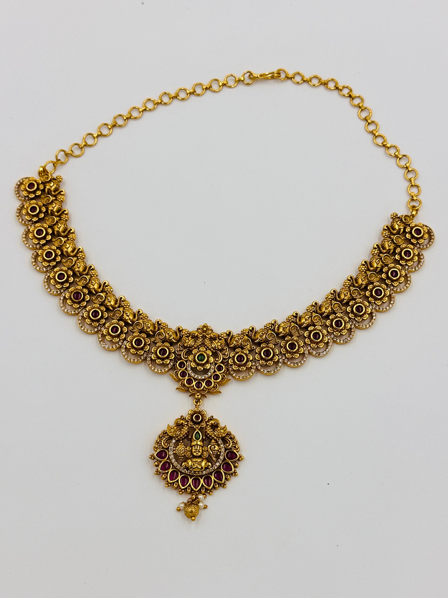 Antique Temple Design Gold-Plated Necklace Set with Goddess Lakshmi Pendant & Earrings