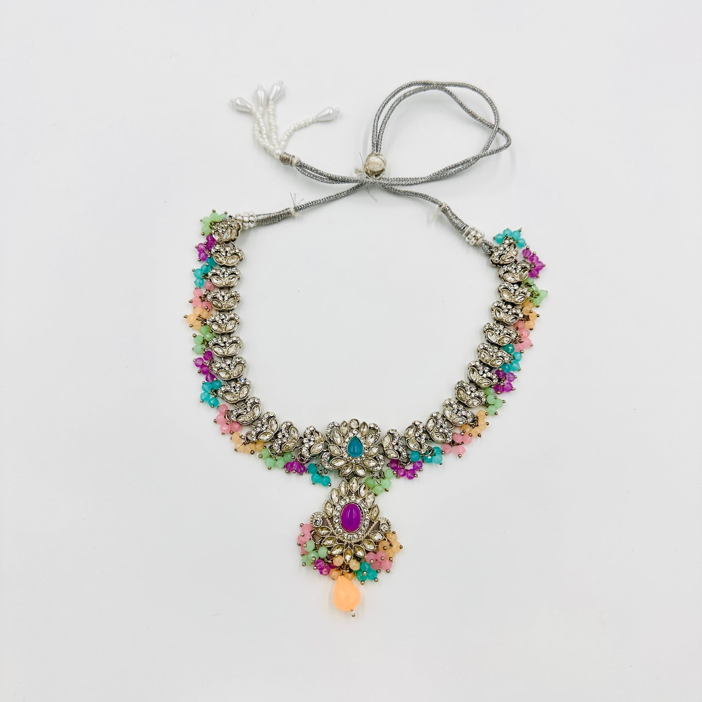 Silver-Plated Kundan Choker Necklace Set with Multicolor Beads, Jhumkas & Maang Tikka