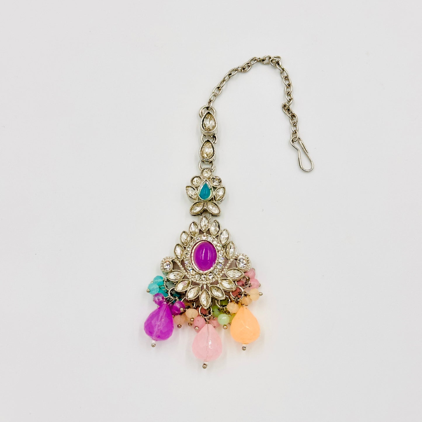 Silver-Plated Kundan Choker Necklace Set with Multicolor Beads, Jhumkas & Maang Tikka