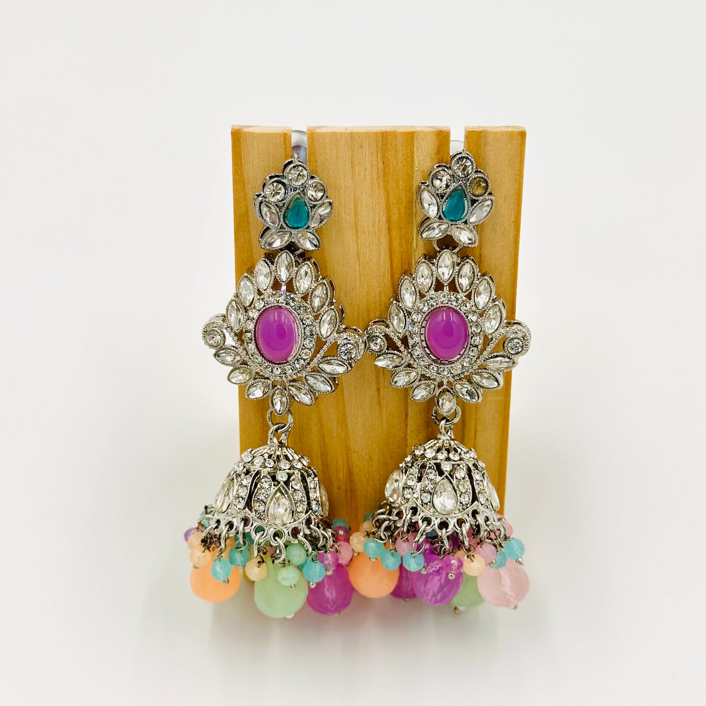 Silver-Plated Kundan Choker Necklace Set with Multicolor Beads, Jhumkas & Maang Tikka
