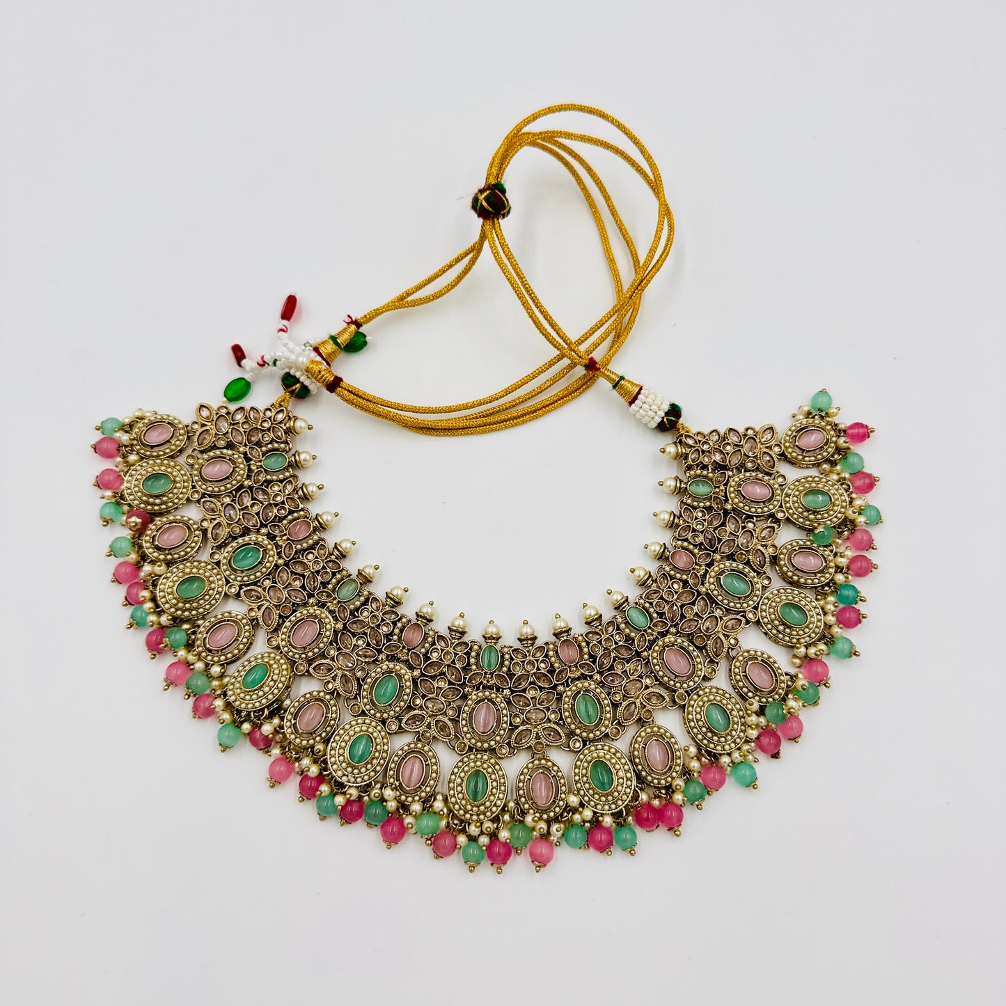 Antique Gold-Plated Multicolor Kundan Choker Necklace Set with Earrings & Maang Tikka