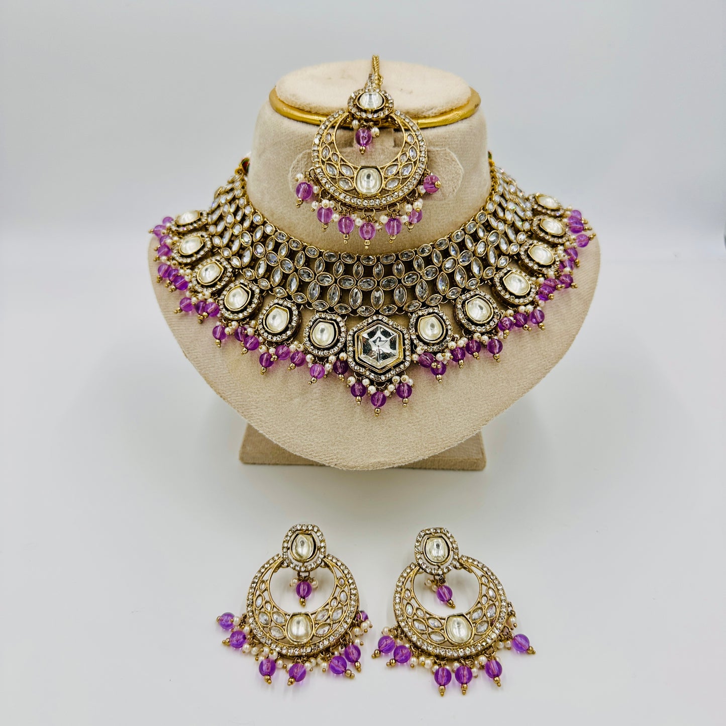 Antique Gold-Plated Kundan Choker Necklace Set with Purple Beads, Earrings & Maang Tikka