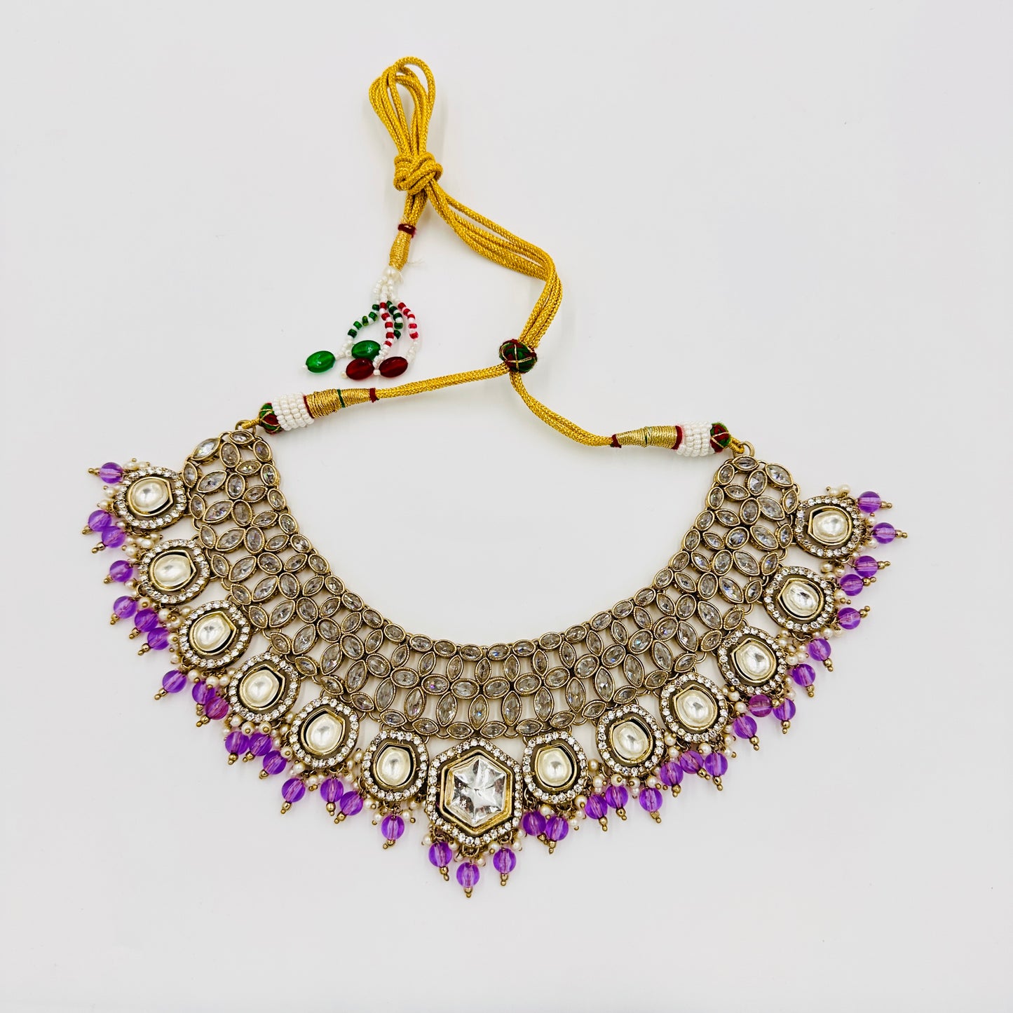Antique Gold-Plated Kundan Choker Necklace Set with Purple Beads, Earrings & Maang Tikka