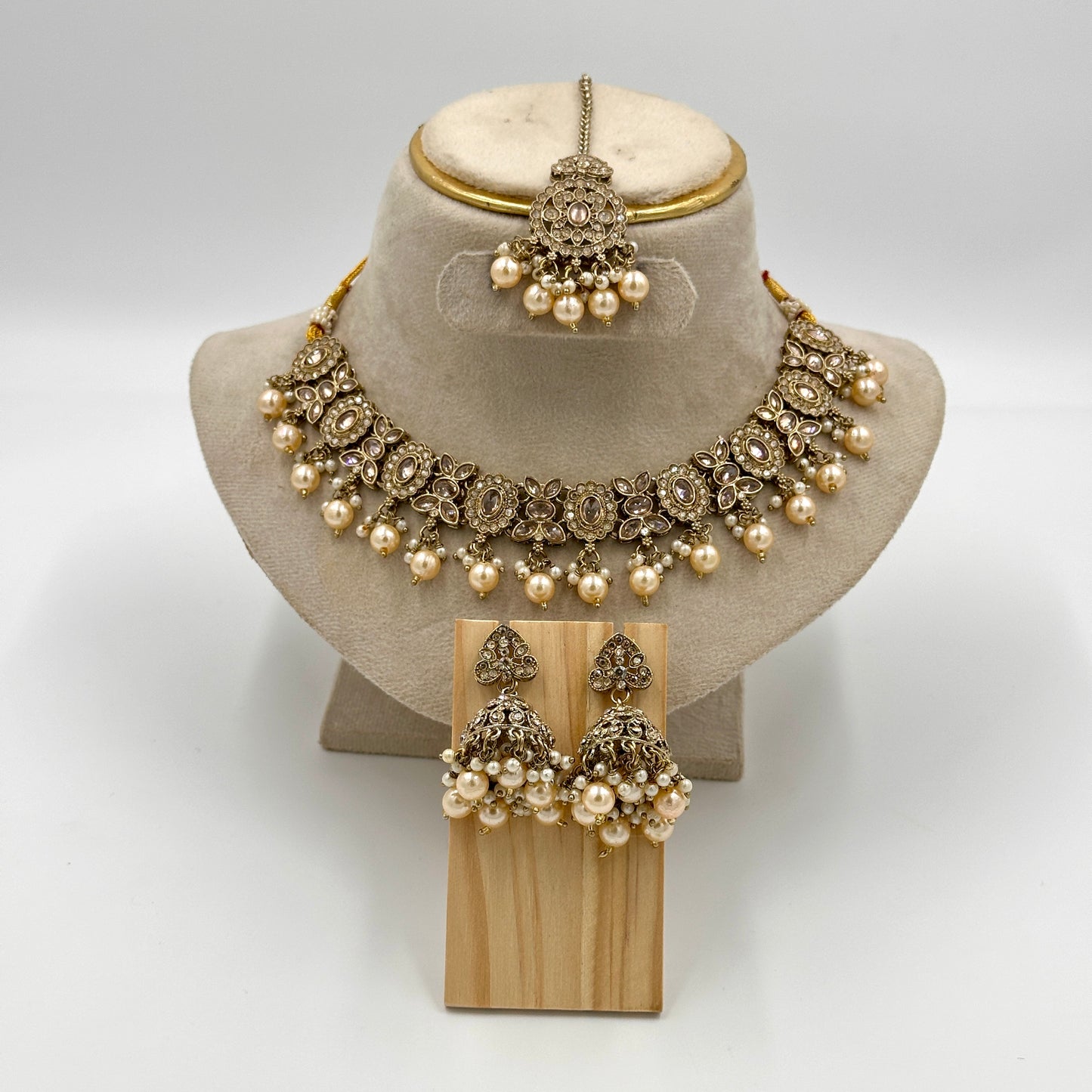 Antique Gold-Plated Pearl & Kundan Choker Necklace Set with Jhumka Earrings & Maang Tikka