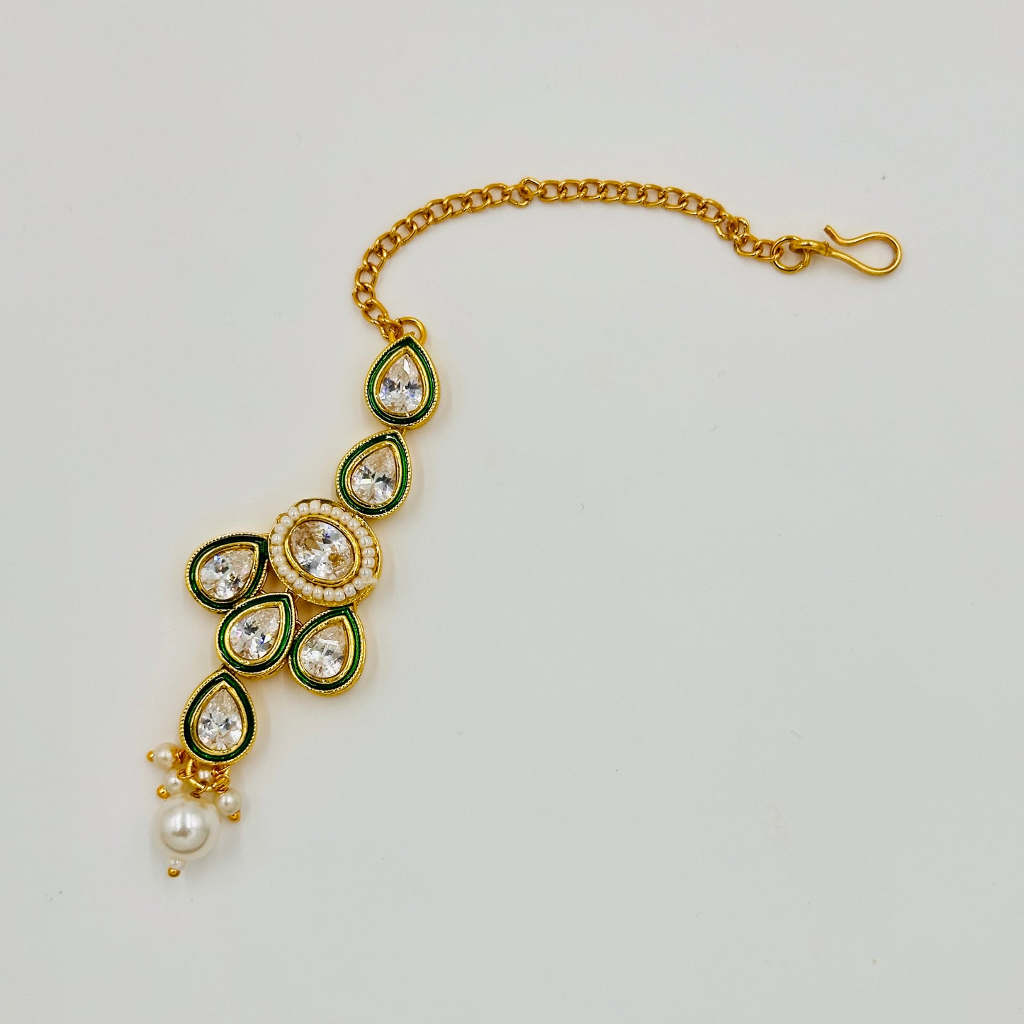 Gold-Plated Kundan Necklace Set with Green Enamel & Pearl Drops
