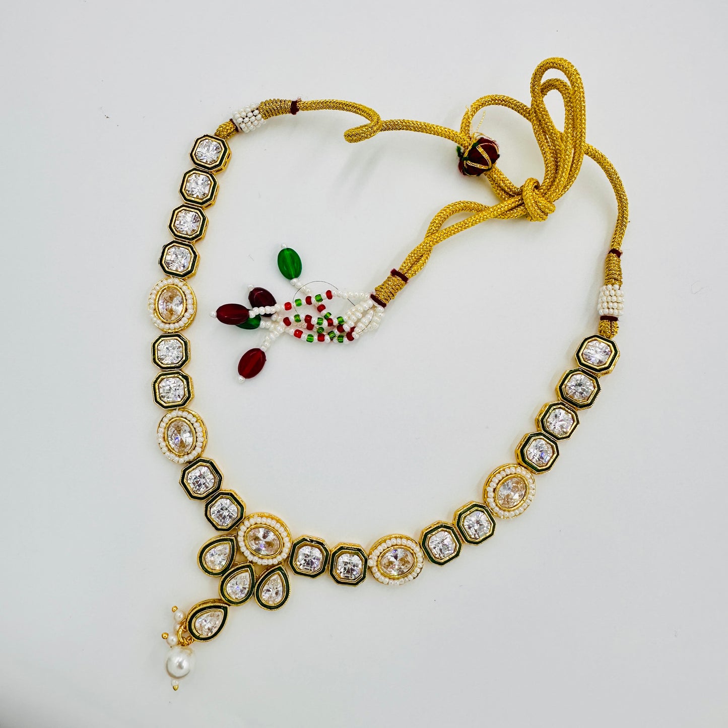 Gold-Plated Kundan Necklace Set with Green Enamel & Pearl Drops