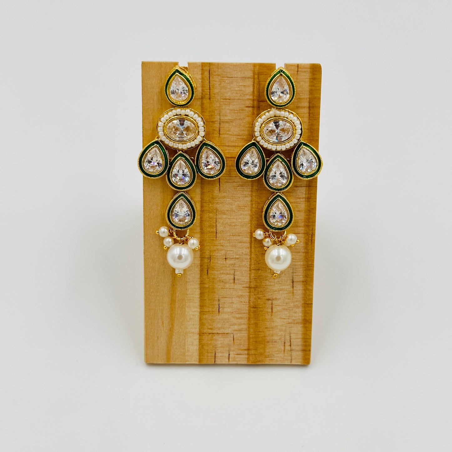 Gold-Plated Kundan Necklace Set with Green Enamel & Pearl Drops