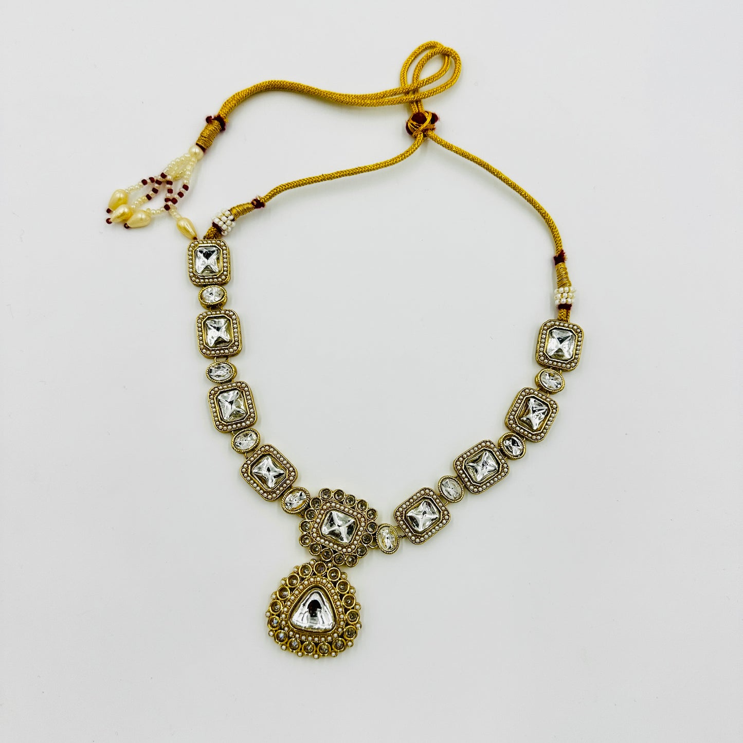 Antique Gold-Plated Kundan Necklace Set with Square & Teardrop Stones