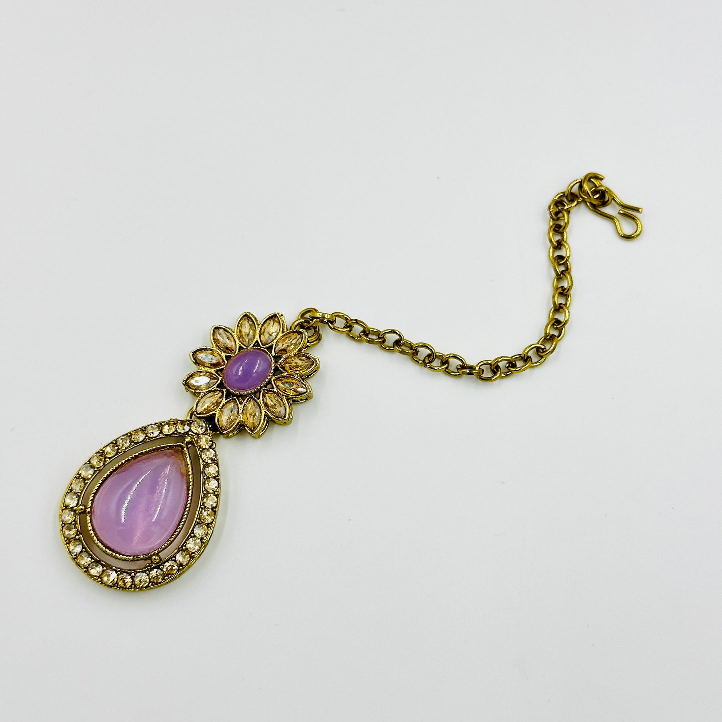 Antique Gold-Plated Purple Stone Floral Necklace Set with Earrings & Maang Tikka