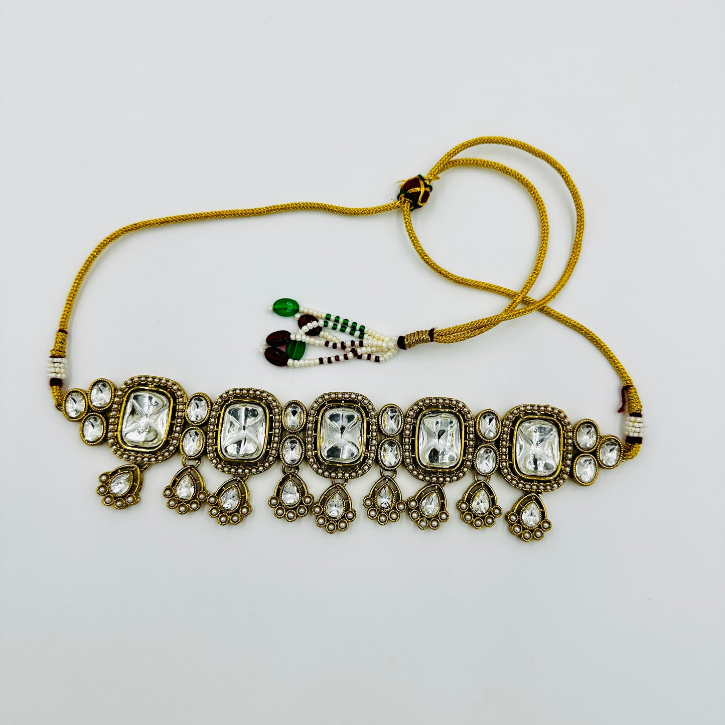 Antique Gold-Plated Kundan Choker Necklace Set with Earrings & Maang Tikka