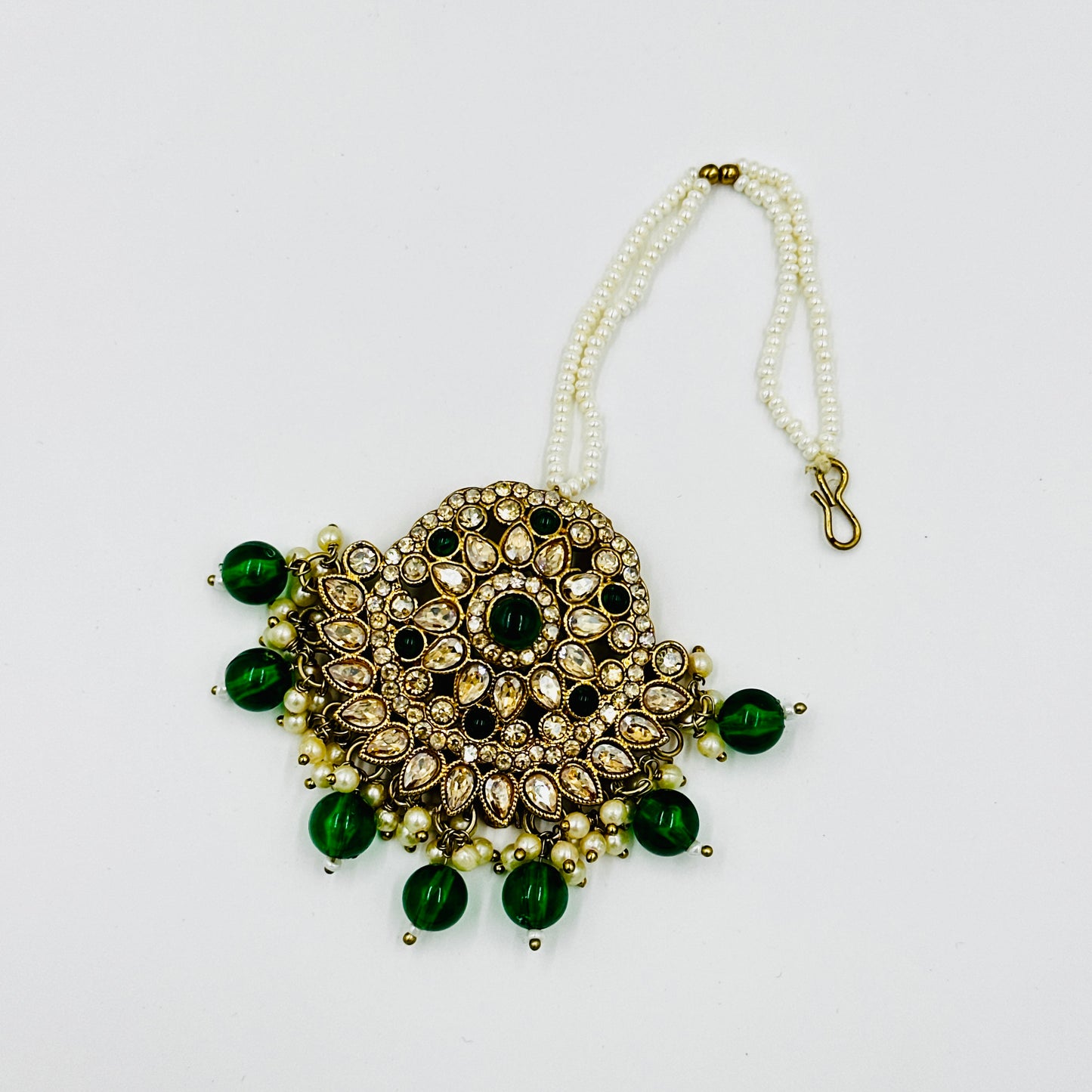 Antique Gold-Plated Kundan & Bead Necklace Set with Earrings & Maang Tikka