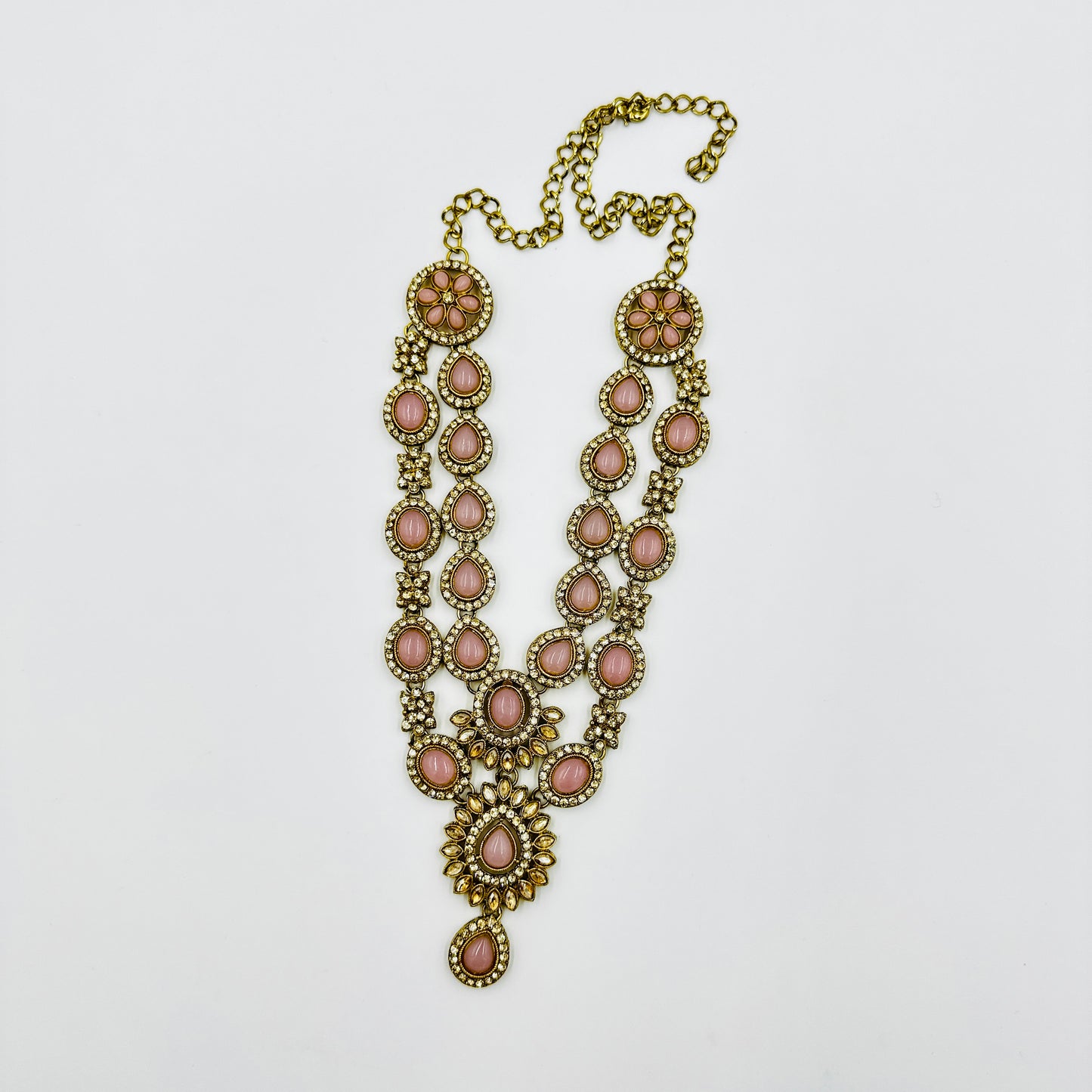 Antique Gold-Plated Pink Stone Bridal Jewelry Set with Earrings, Maang Tikka & Necklace