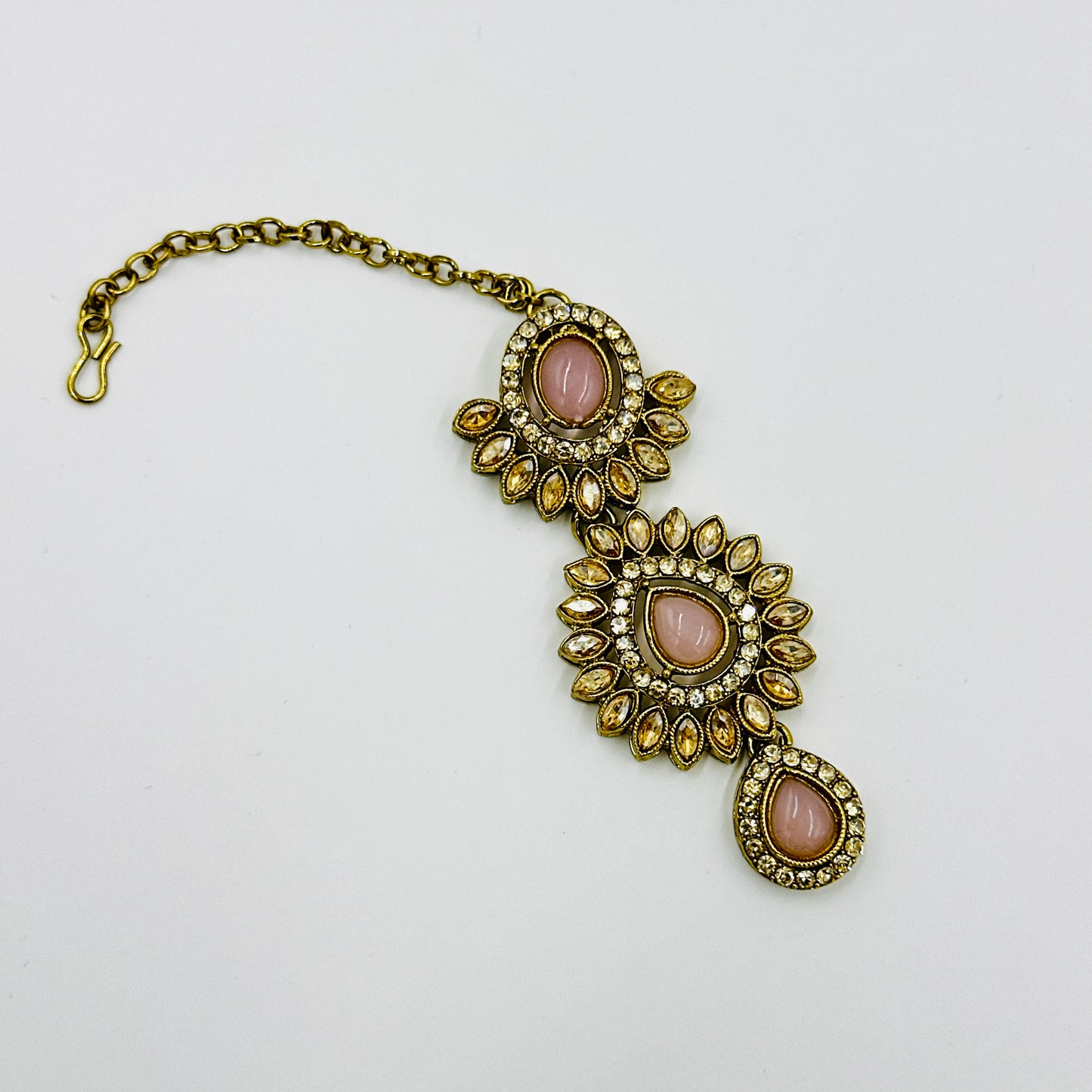 Antique Gold-Plated Pink Stone Bridal Jewelry Set with Earrings, Maang Tikka & Necklace