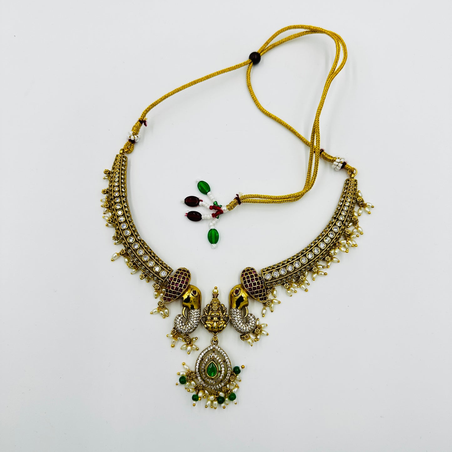 Antique Temple Design Lakshmi Necklace Set with Peacock Motif & Earrings