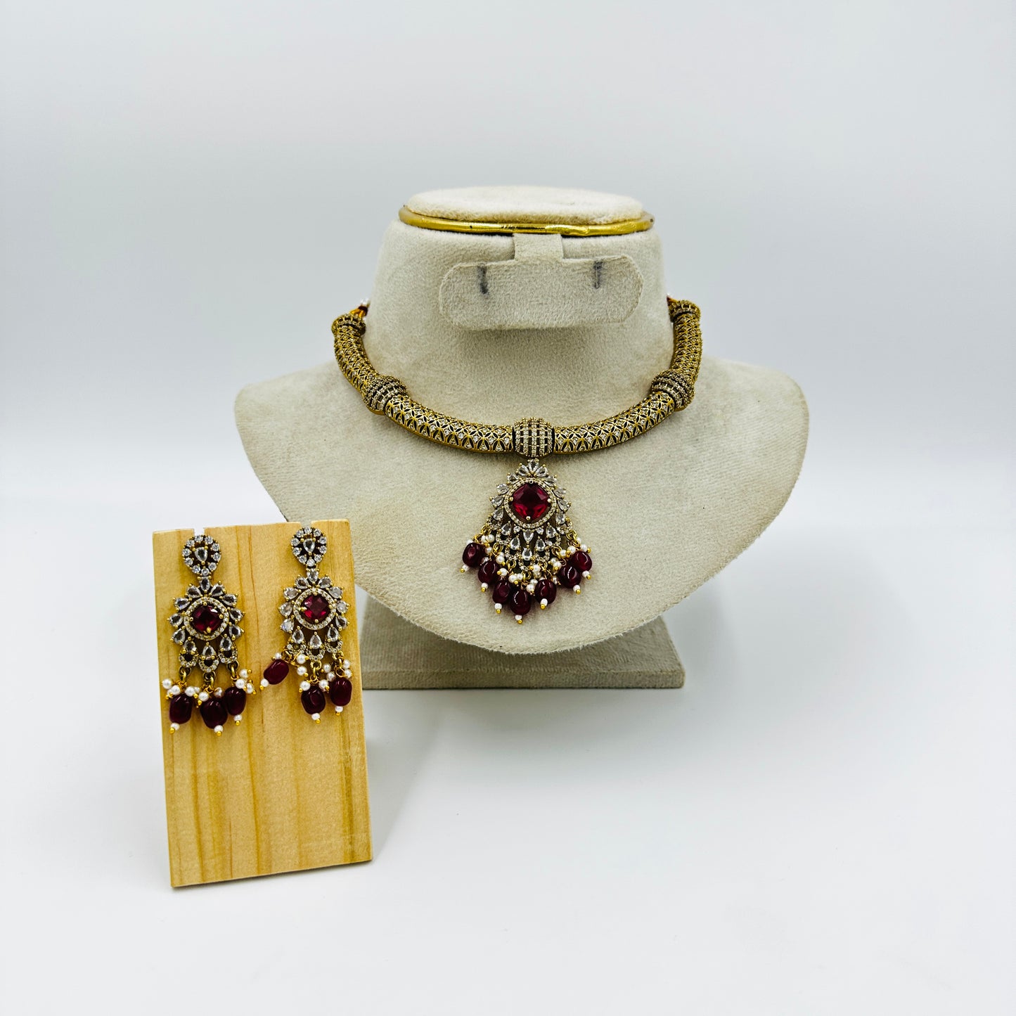 Royal Red Stone Choker Necklace Set with Matching Earrings