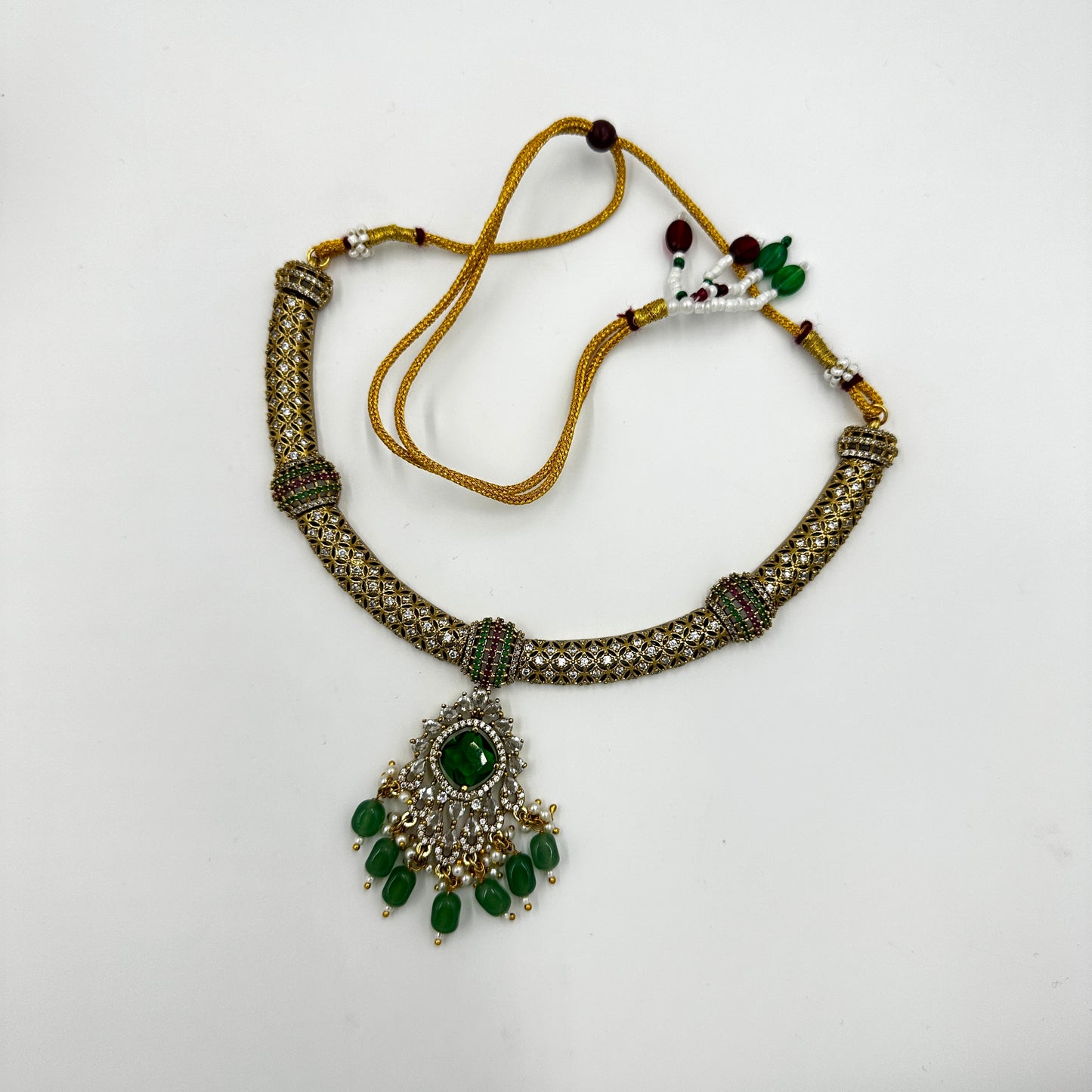 Green Stone Choker Necklace Set with Earrings – Ethnic Bridal Jewelry