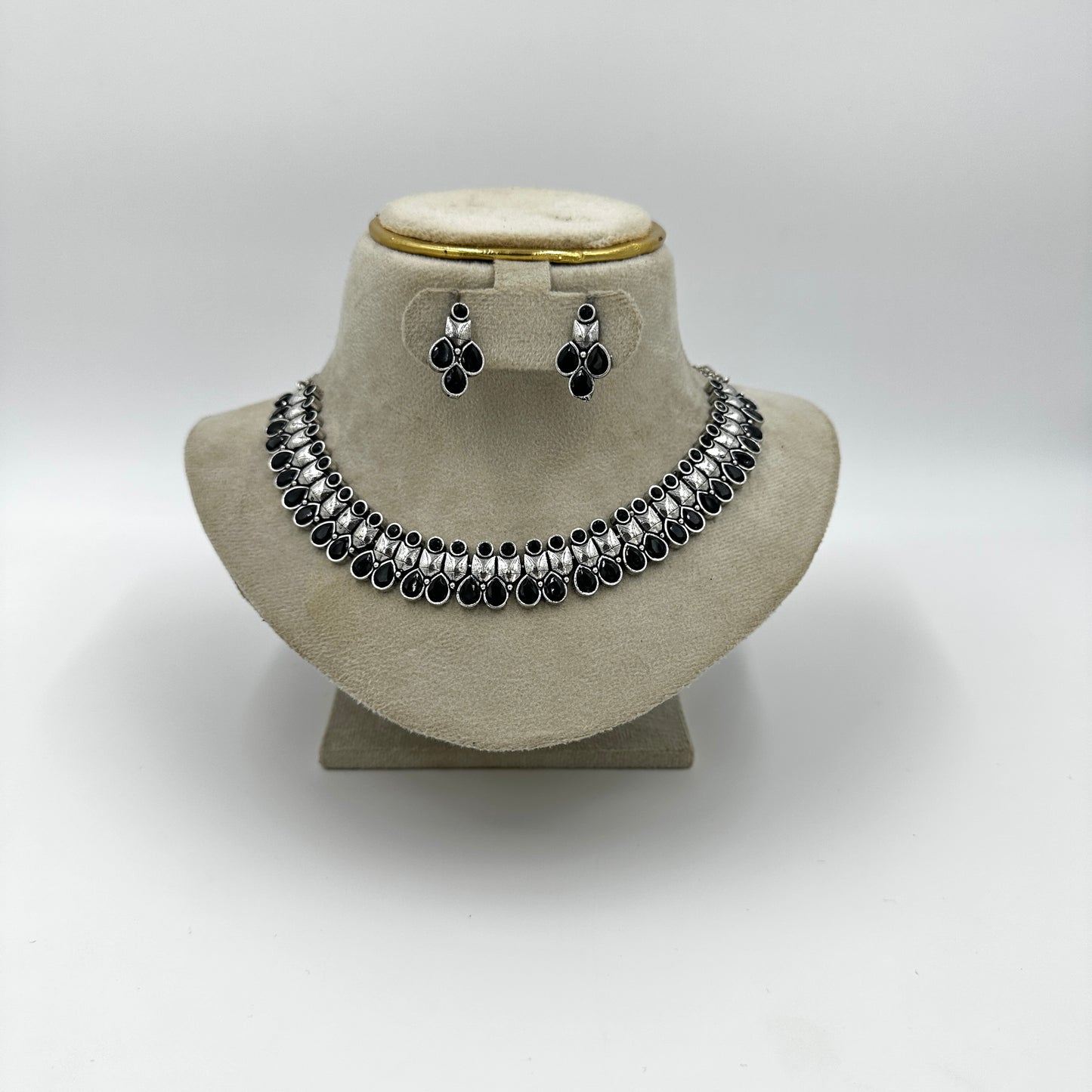 Elegant Black Stone Oxidized Necklace Set with Earrings – Traditional Choker Jewelry