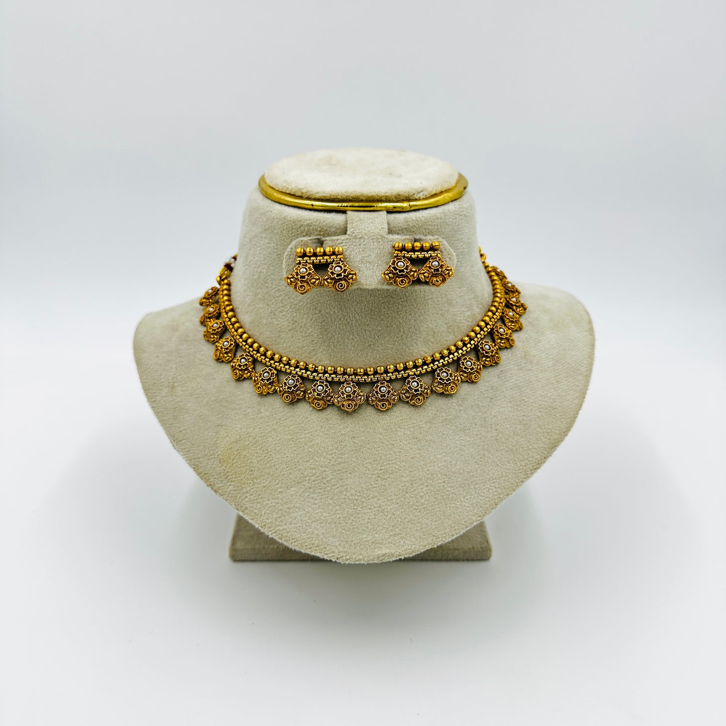Antique Gold-Tone Necklace Set with Floral Design & Earrings – Traditional Ethnic Jewelry