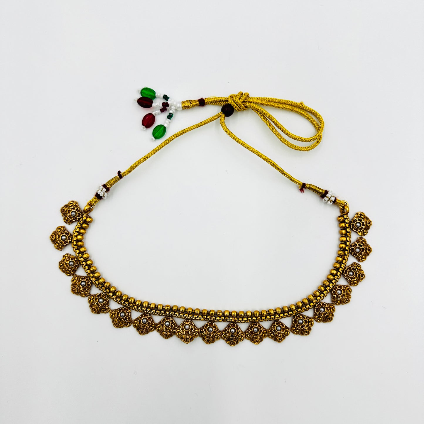 Antique Gold-Tone Necklace Set with Floral Design & Earrings – Traditional Ethnic Jewelry
