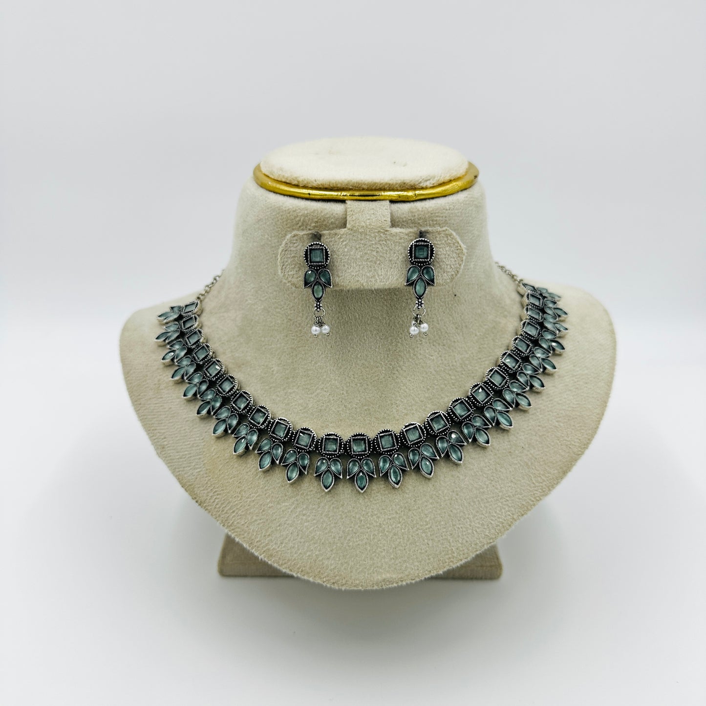 Oxidized Silver Green Stone Necklace Set with Earrings