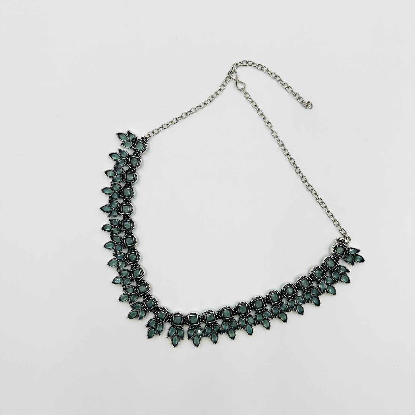 Oxidized Silver Green Stone Necklace Set with Earrings