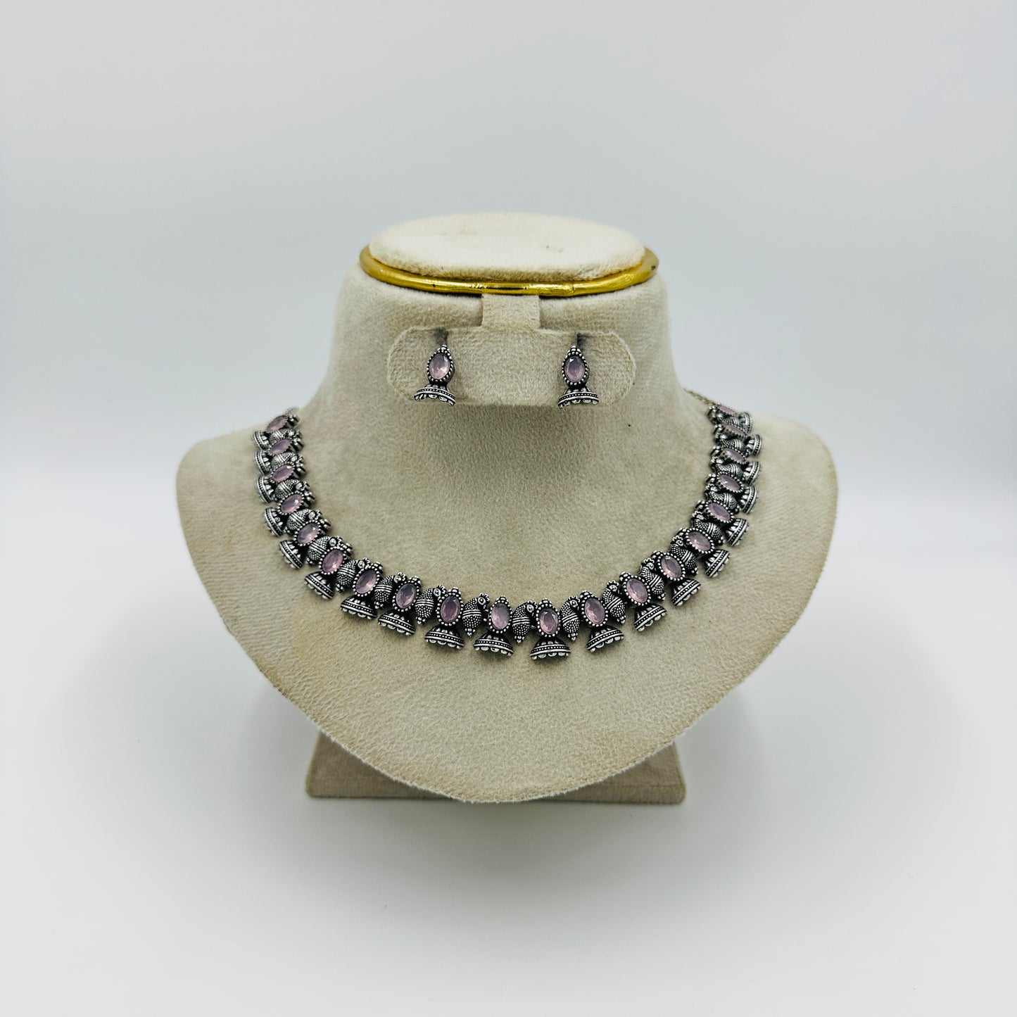 Pink Stone Antique Silver Necklace Set with Earrings