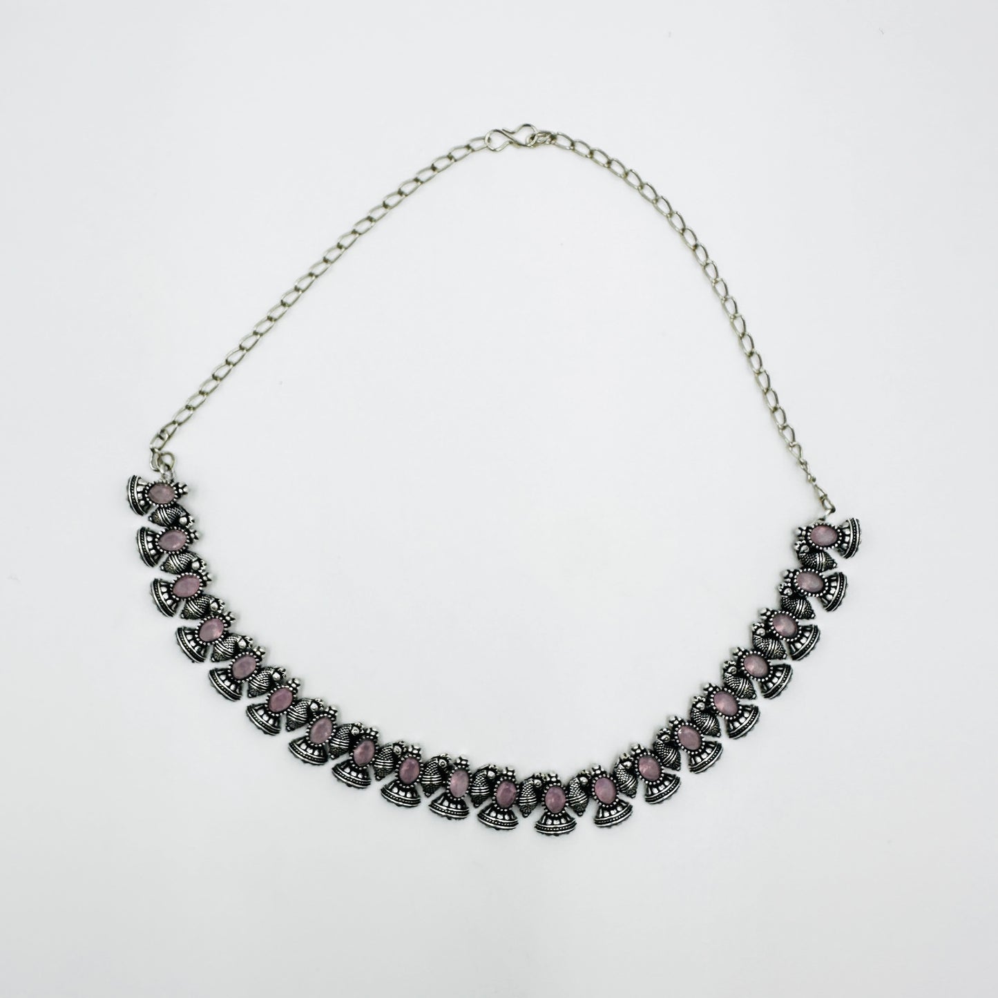 Pink Stone Antique Silver Necklace Set with Earrings