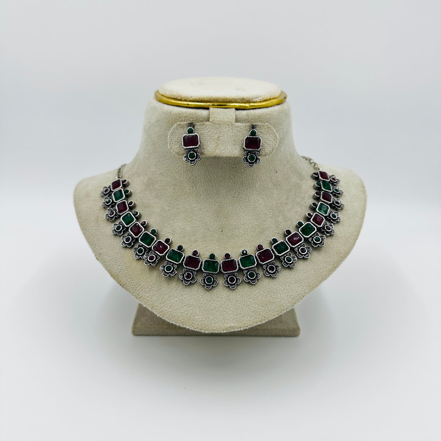 Dual-Tone Red & Green Stone Floral Necklace Set with Earrings