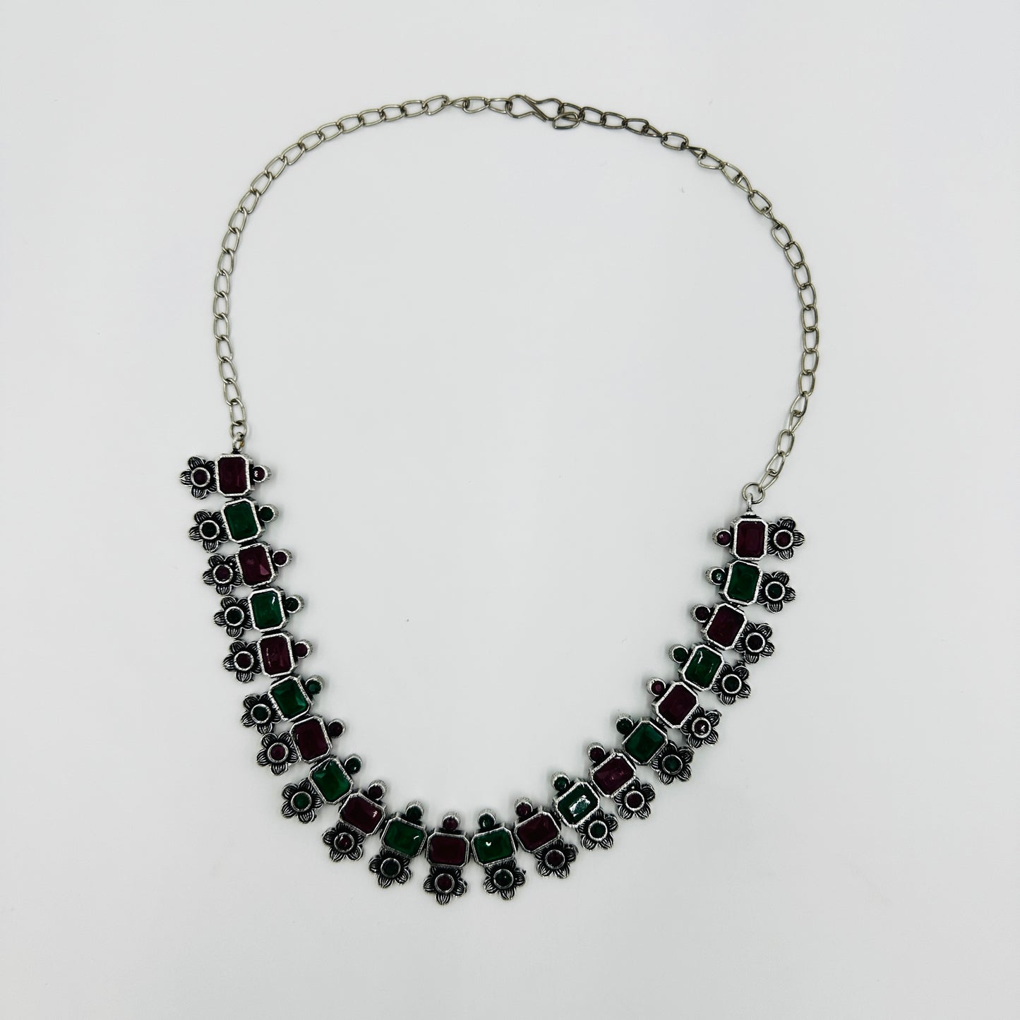 Dual-Tone Red & Green Stone Floral Necklace Set with Earrings