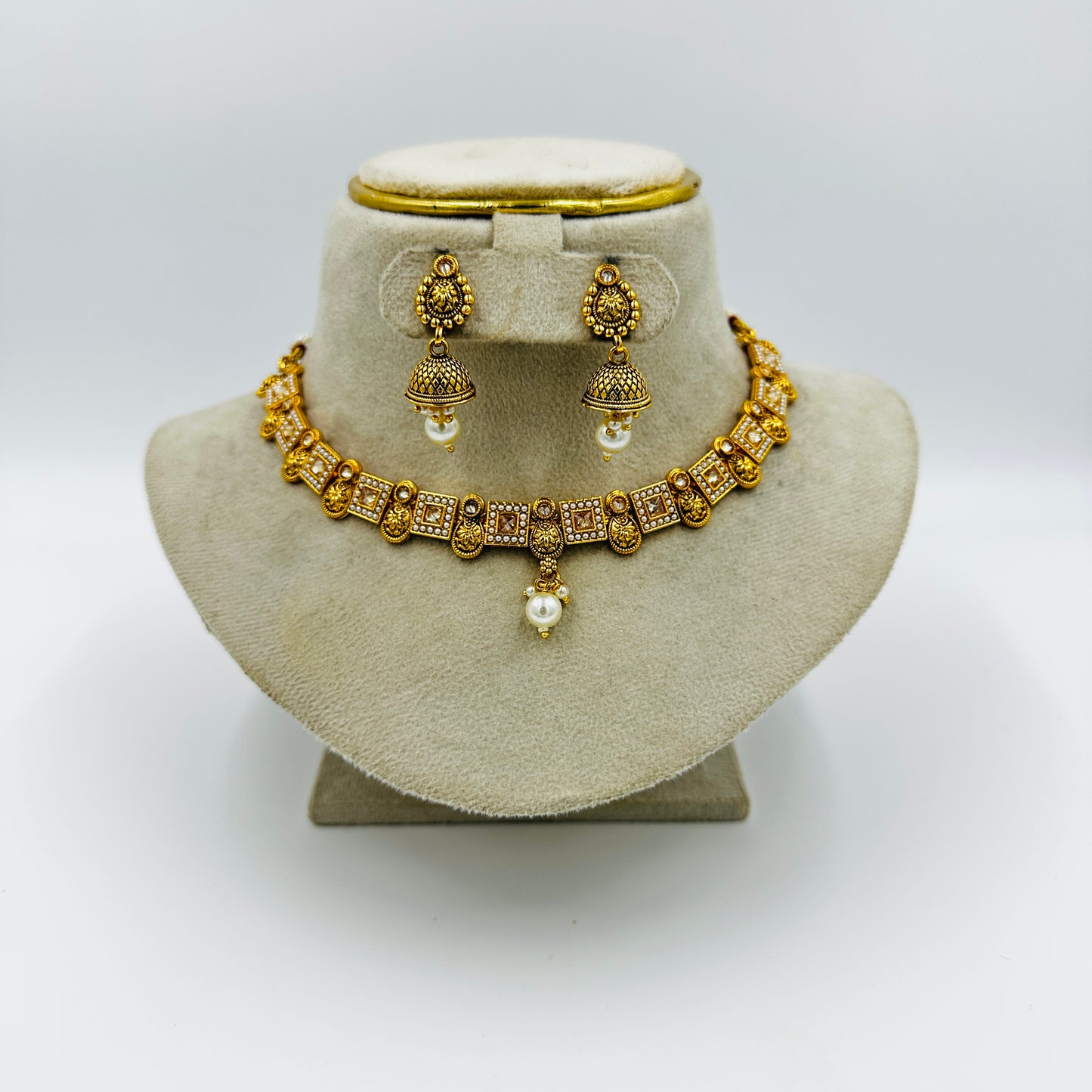 Antique Gold-Tone Jhumka Necklace Set with Earrings