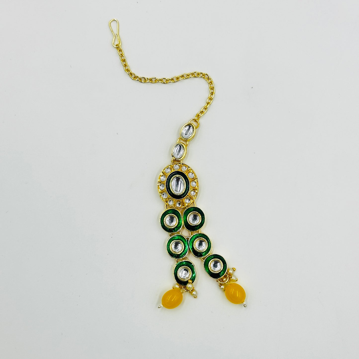 Grand Multi-Layer Kundan Necklace Set with Yellow Beads, Earrings & Maang Tikka