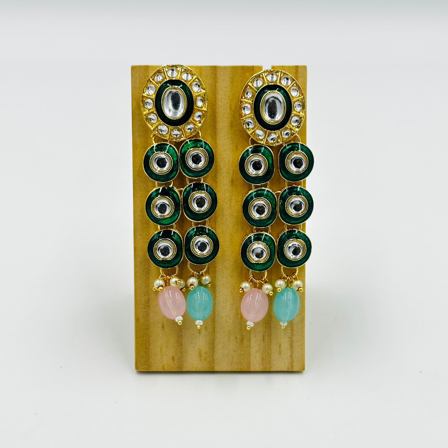 Green & White Kundan Long Earrings with Maang Tikka – Traditional Jewelry Set