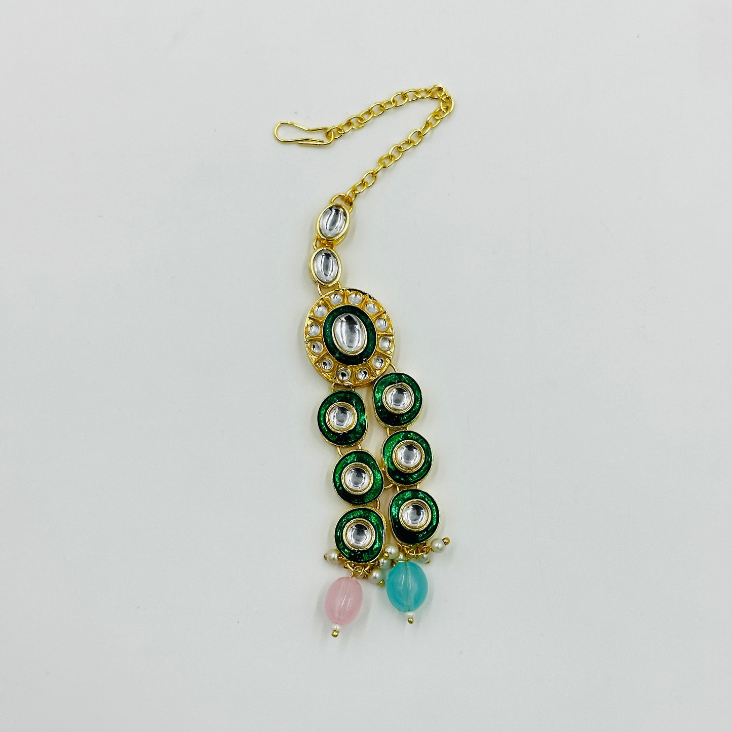 Green & White Kundan Long Earrings with Maang Tikka – Traditional Jewelry Set