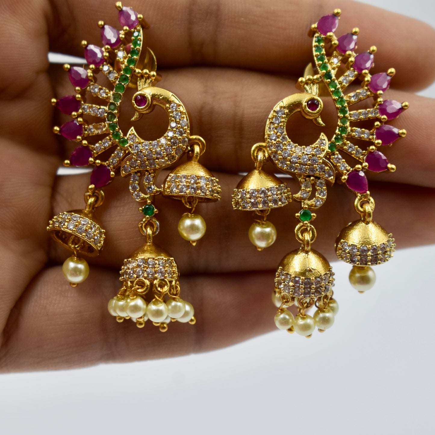 Gold-Plated Peacock Design Kundan Jhumka Earrings with Ruby & Pearl Drops