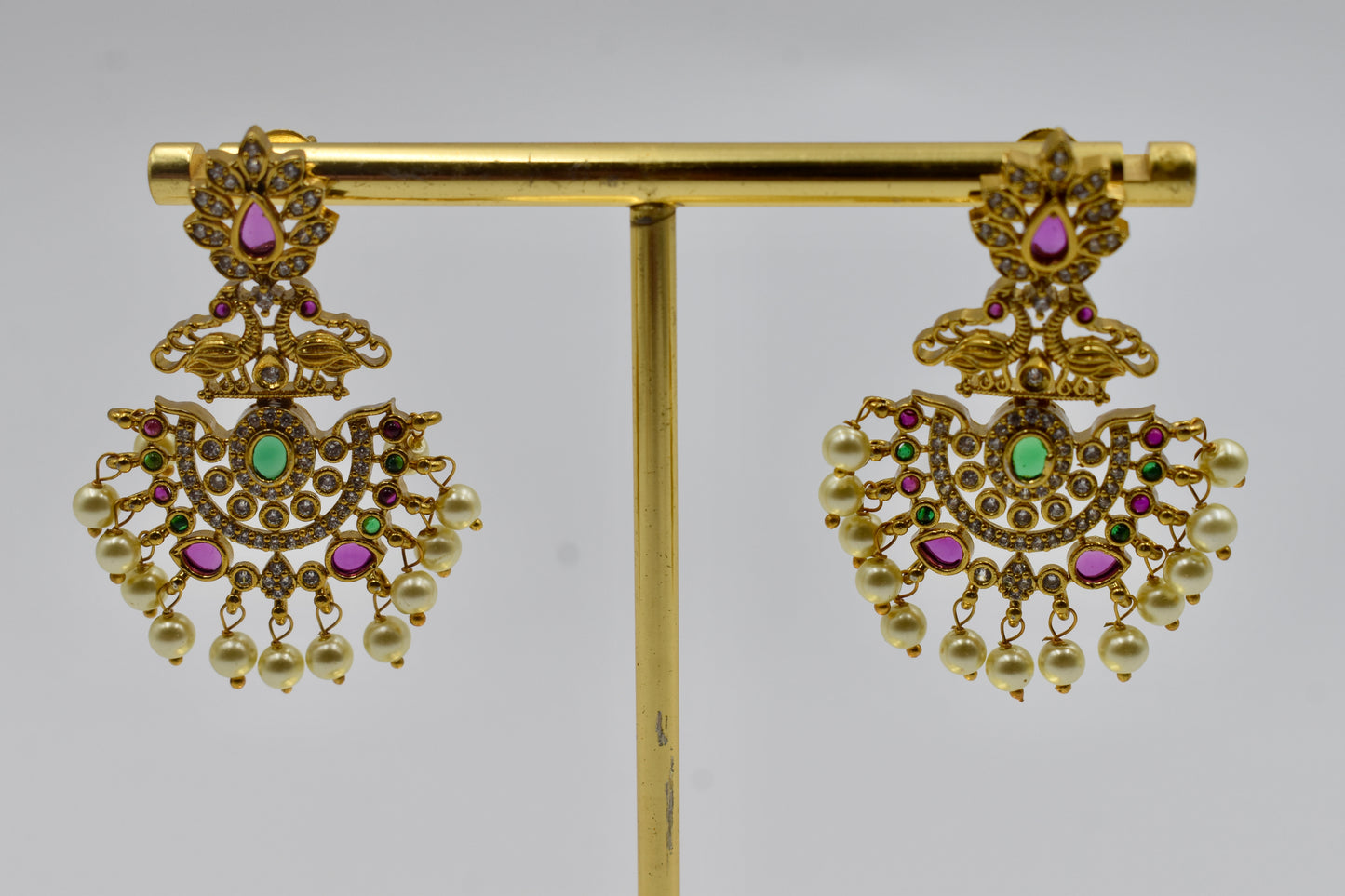 Gold-Plated Temple Design Earrings with Ruby, Green Stones & Pearl Drops
