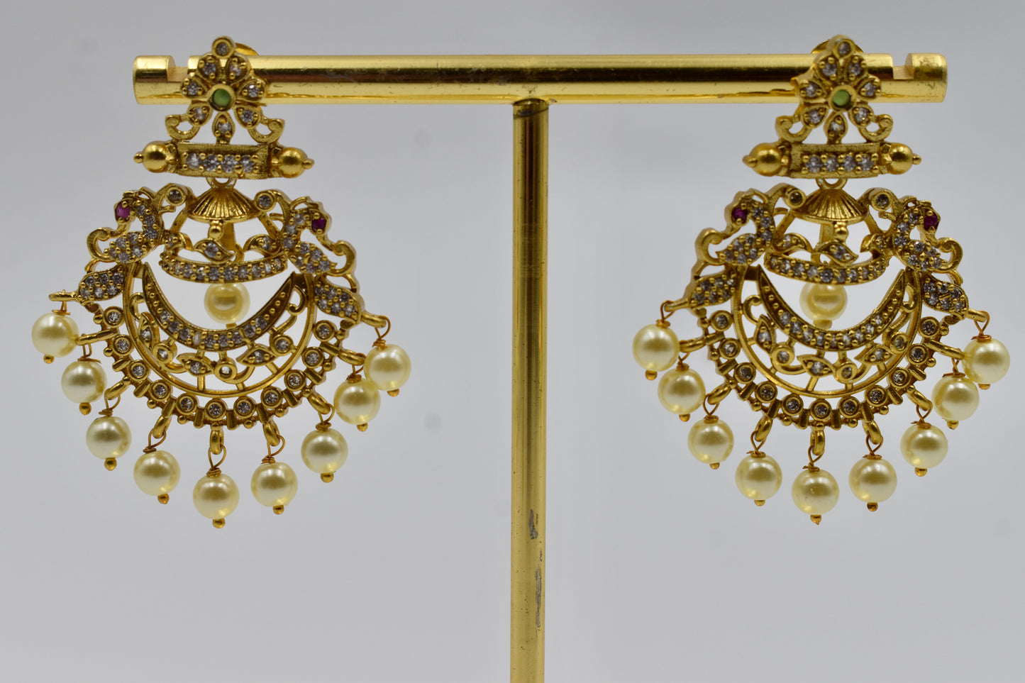 Gold-Plated Kundan Peacock Motif Chandbali Earrings with Pearls