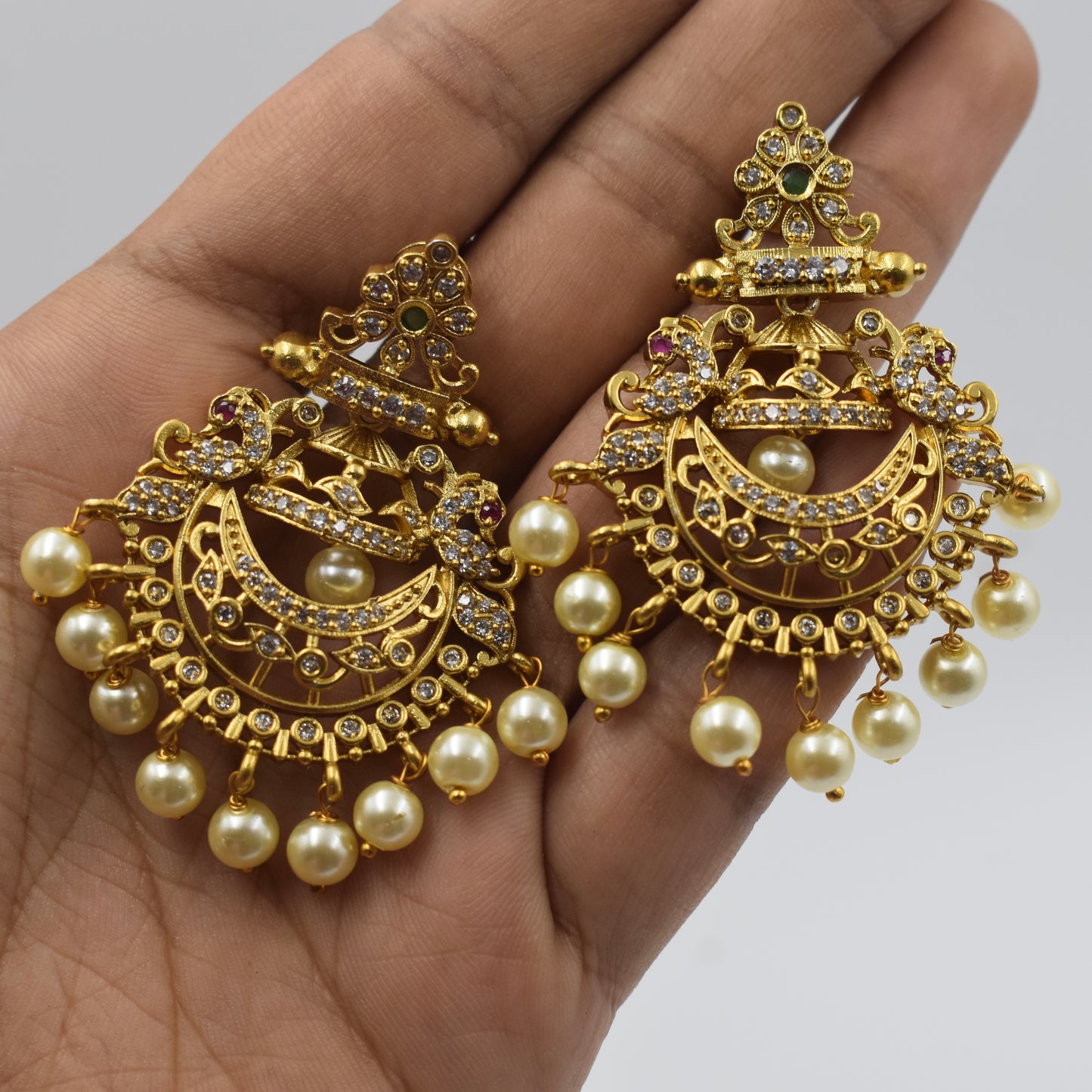 Gold-Plated Kundan Peacock Motif Chandbali Earrings with Pearls