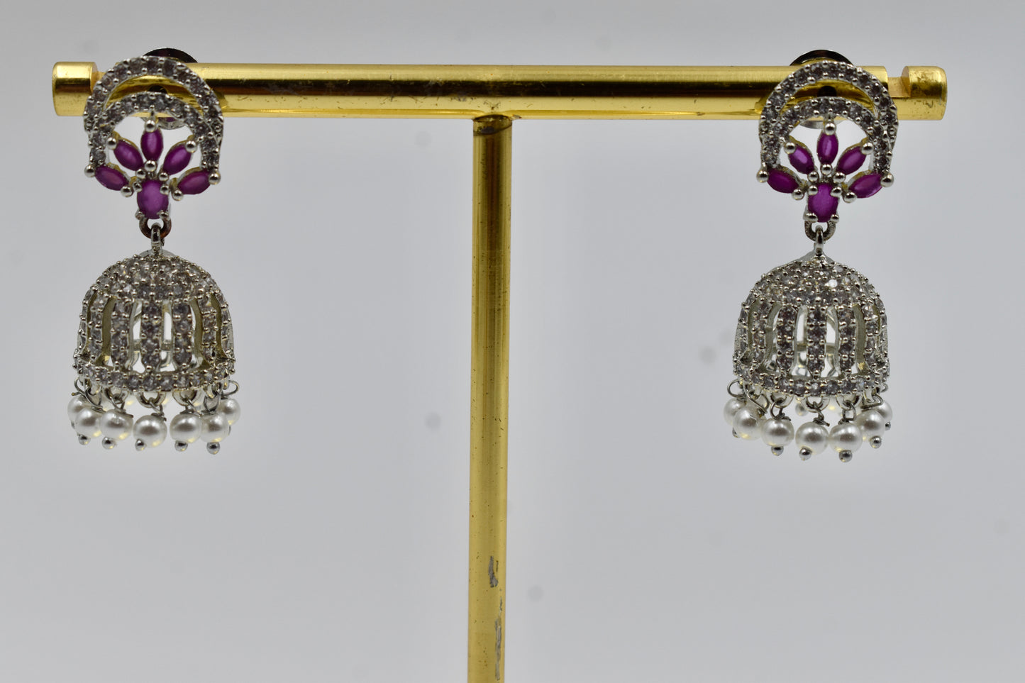 Silver-Plated Ruby Stone Jhumka Earrings with Pearl Drops