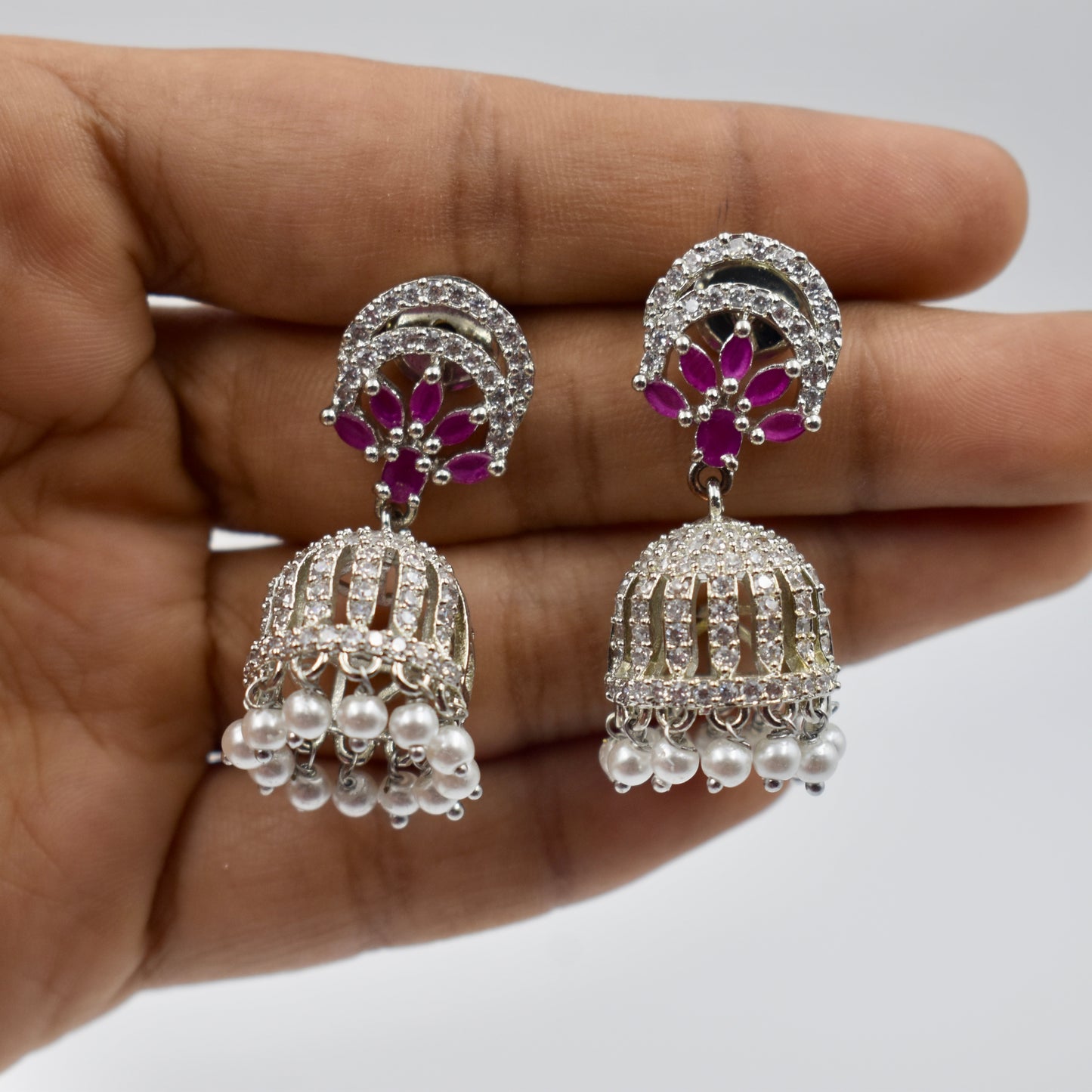 Silver-Plated Ruby Stone Jhumka Earrings with Pearl Drops