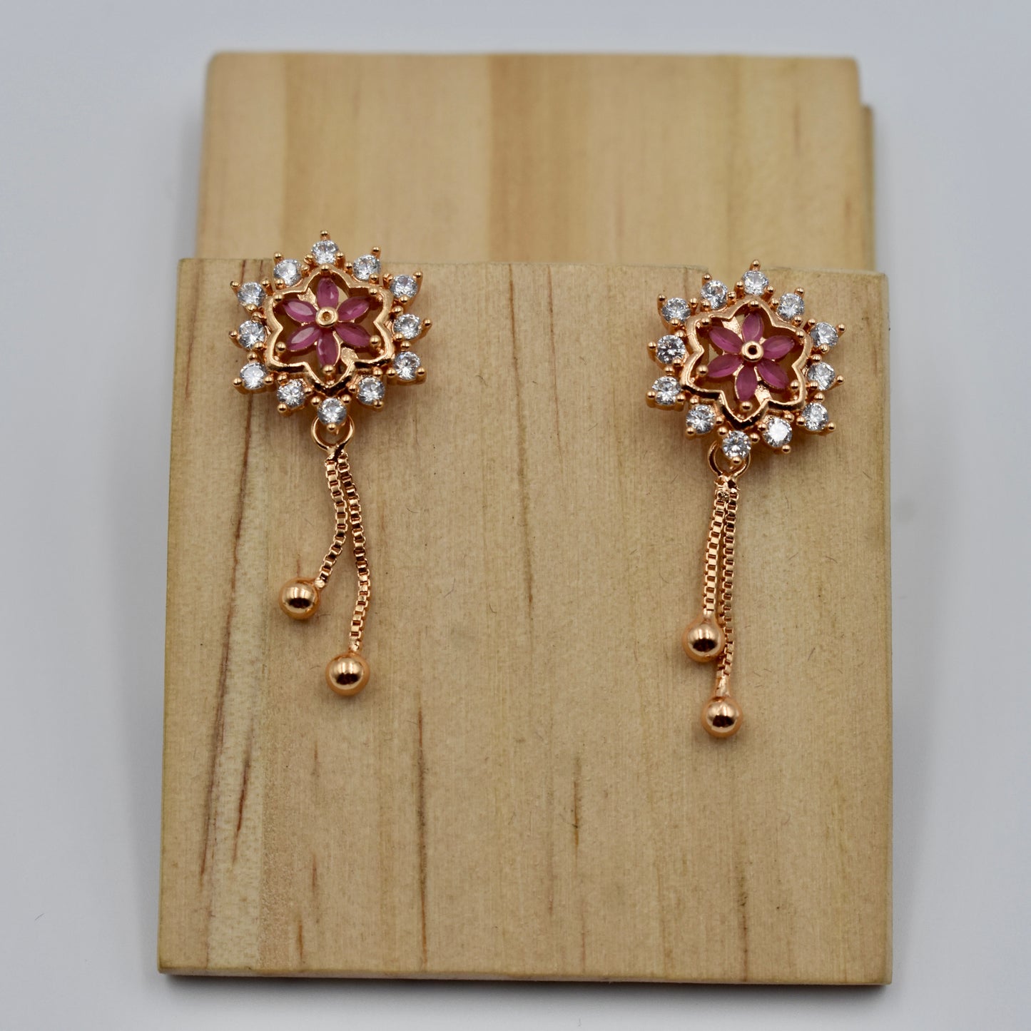 Rose-Gold Plated Floral Stud Earrings with Dangling Chain Drops