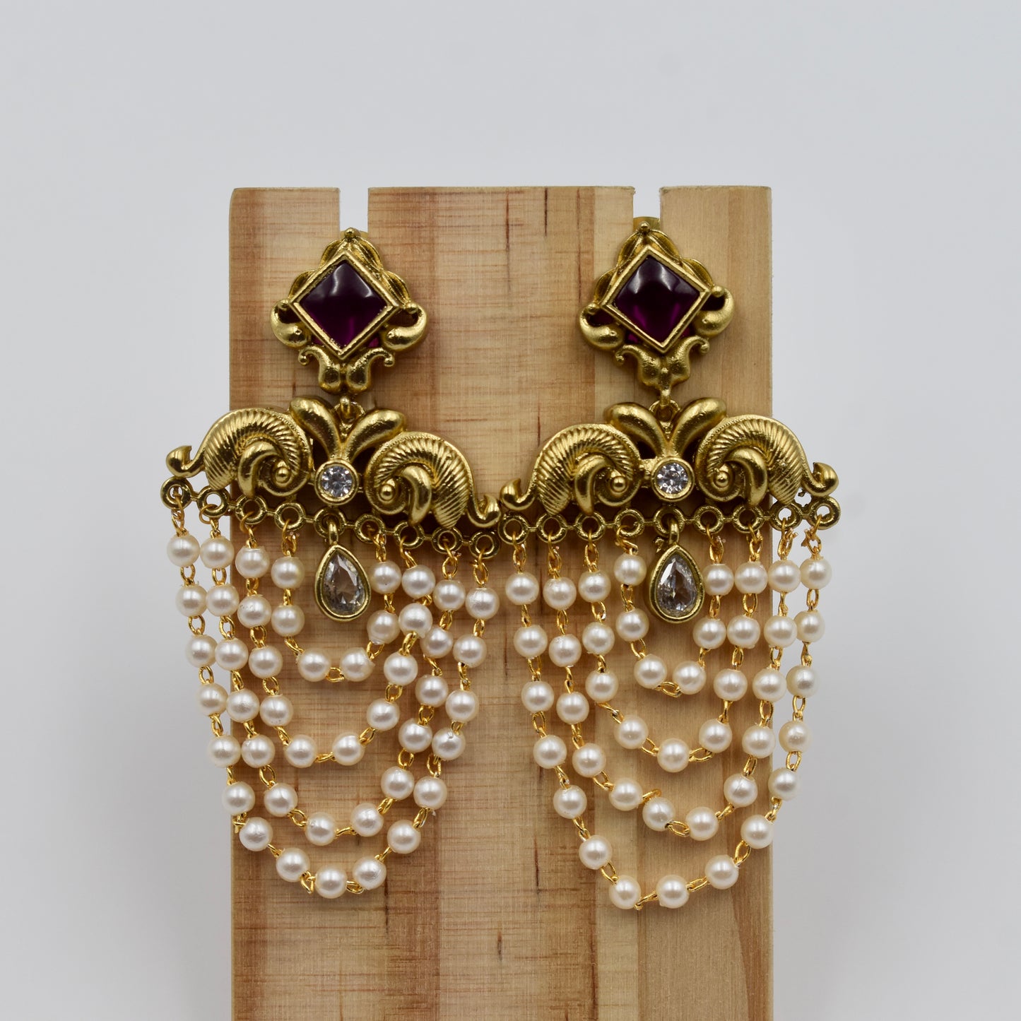 Gold-Plated Kundan Pearl Chain Earrings with Ruby Stud