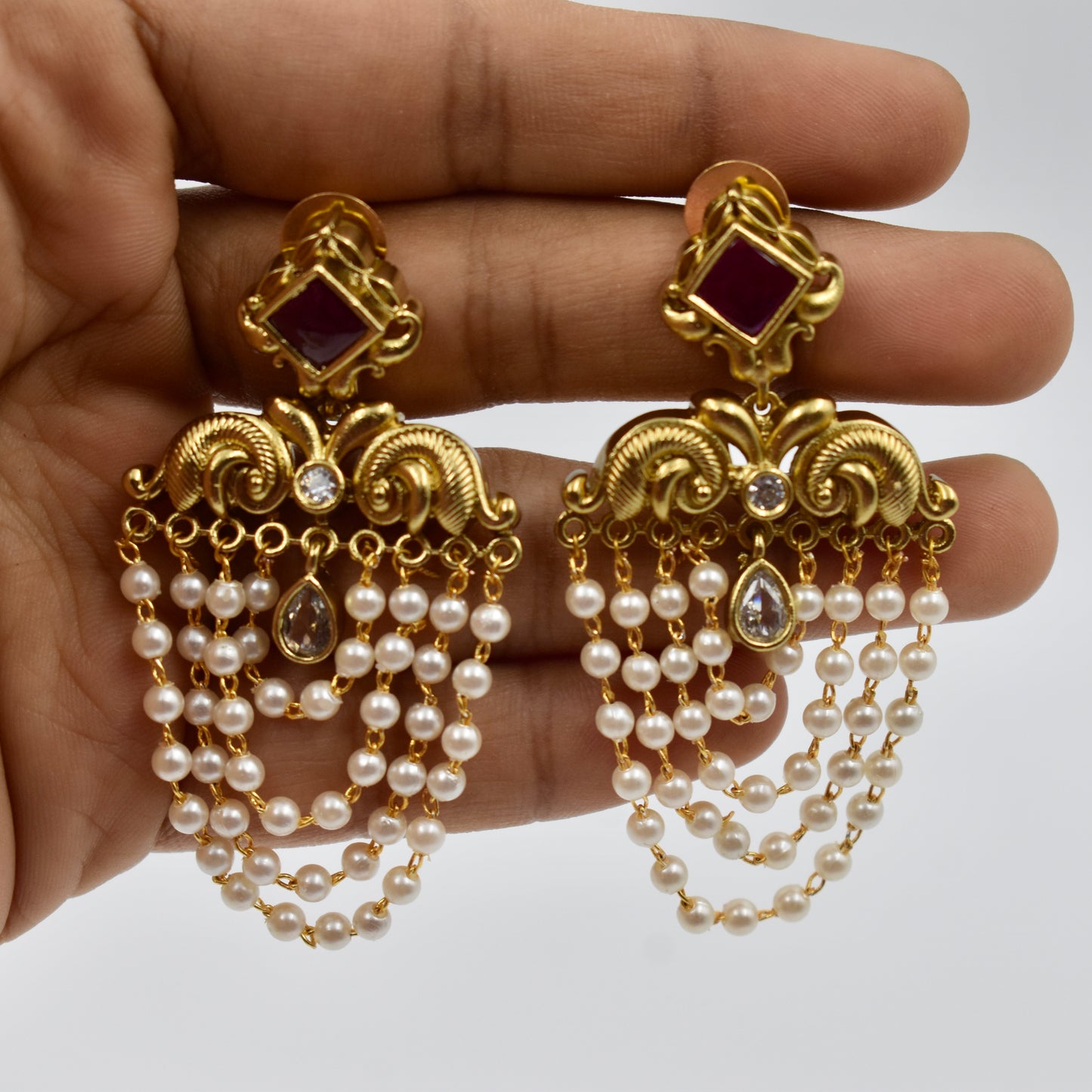 Gold-Plated Kundan Pearl Chain Earrings with Ruby Stud