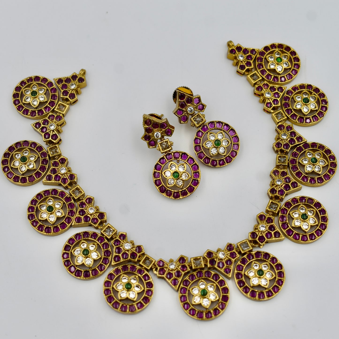 Royal Ruby Circle Necklace Set – Imitation Gold Temple Finish