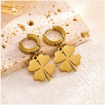 Anti-Tarnish Four-Leaf Clover Drop Earrings – Imitation Gold Finish
