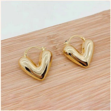 Anti-Tarnish Puffy Heart Hoop Earrings – Imitation Gold
