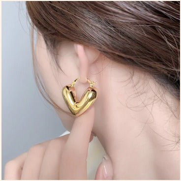 Anti-Tarnish Puffy Heart Hoop Earrings – Imitation Gold