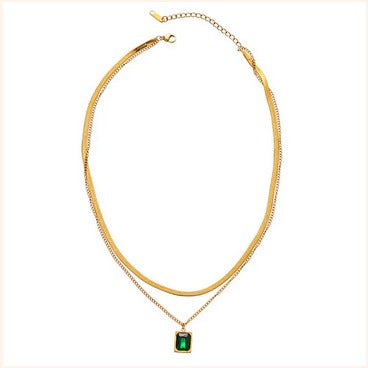 Dual Layer Gold Necklace with Emerald Green Pendant – Imitation Jewelry