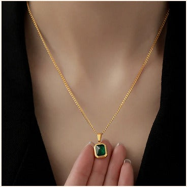 Emerald Charm Pendant Necklace – Imitation Gold Finish