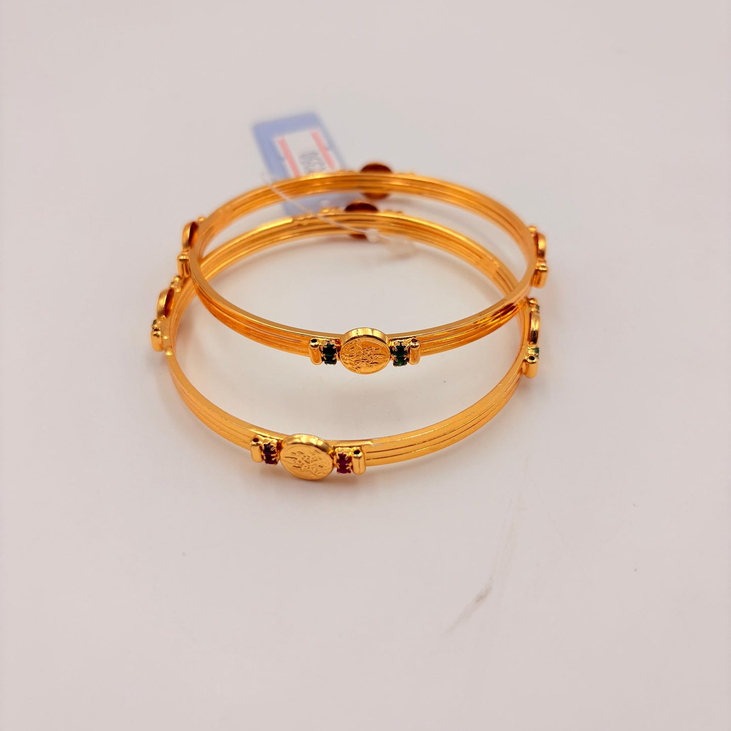 Antique Gold Lakshmi Coin Bangles with Ruby & Green Stones – Traditional Temple Bangles (Pair)