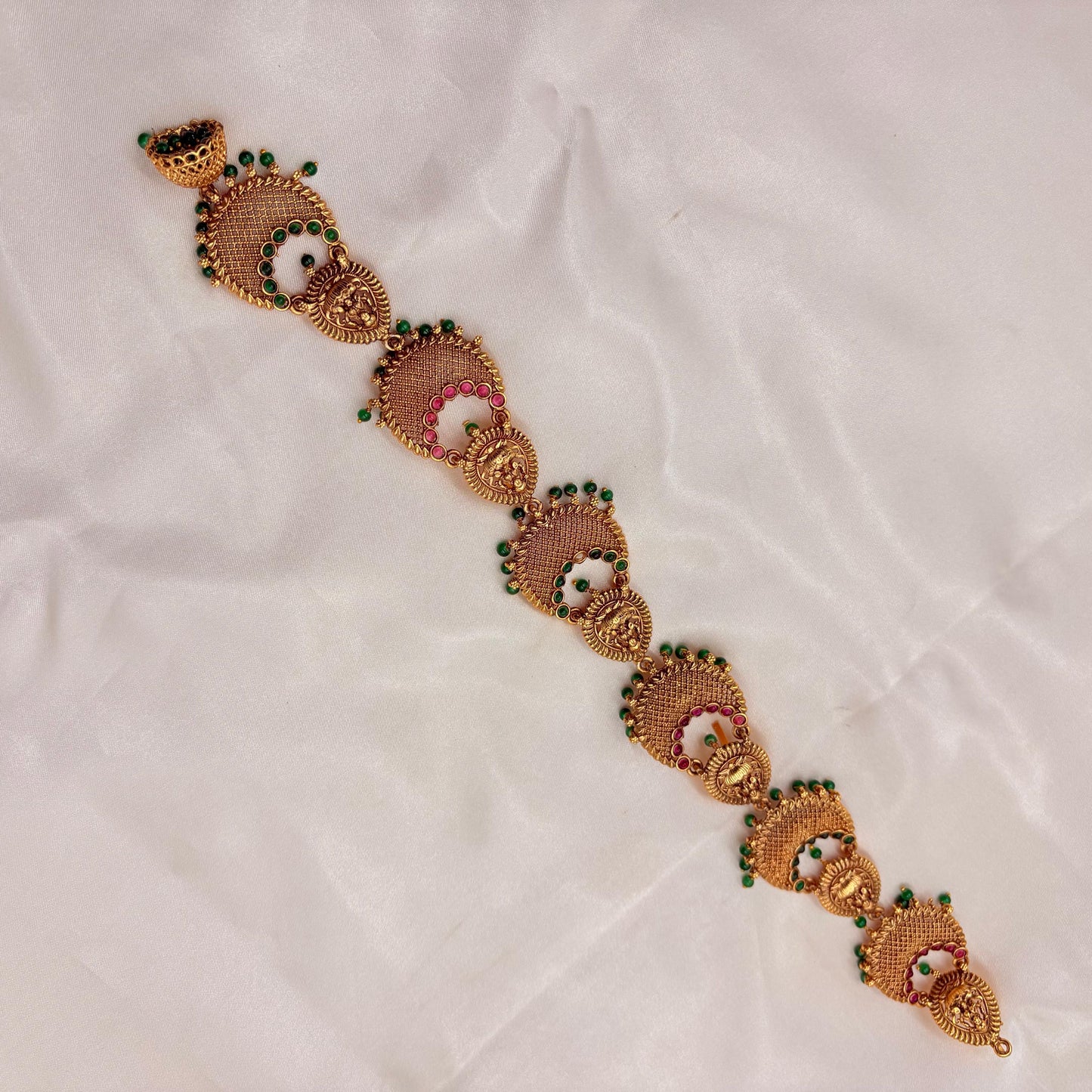 Traditional Half-Moon Design Jada Billa – Antique Gold with Ruby & Green Stones